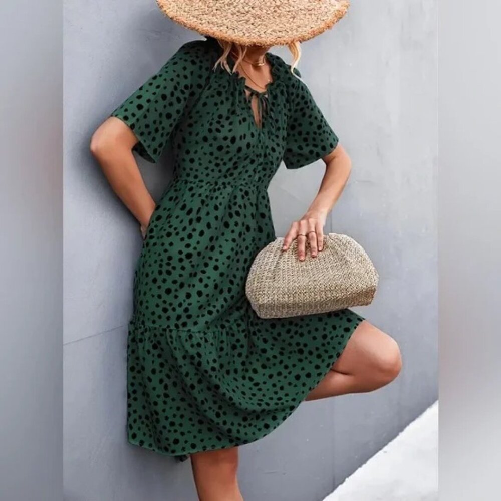 Emerald Dots Ruffle Neck Midi Dress